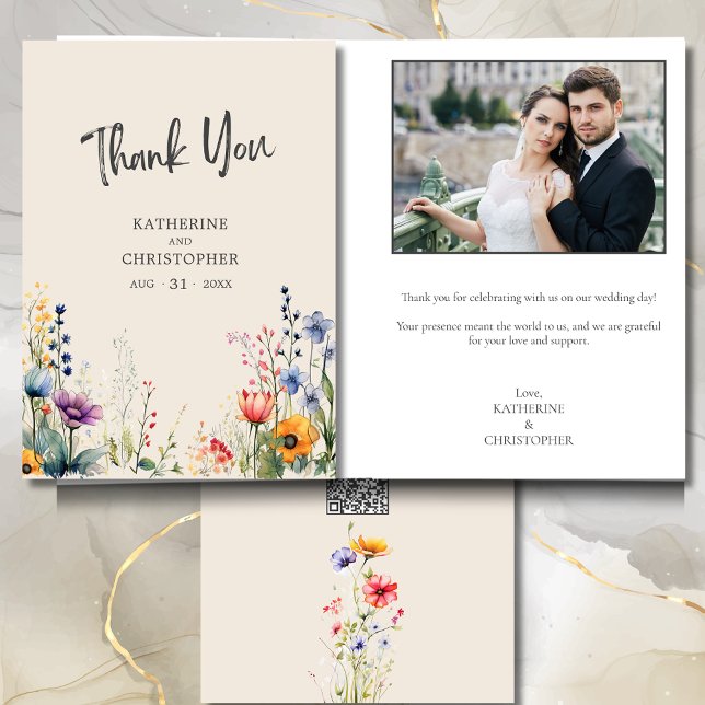 Farbenfrohe Wildblume Beige Hochzeitsfeier Foto Dankeskarte (Colorful Wildflowers Wedding Photo Thank You Card with purple, orange, red jewel tones, QR code.)