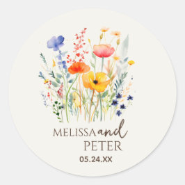 Farbenfrohe Wildblume Beige Monogram Foto Hochzeit Runder Aufkleber