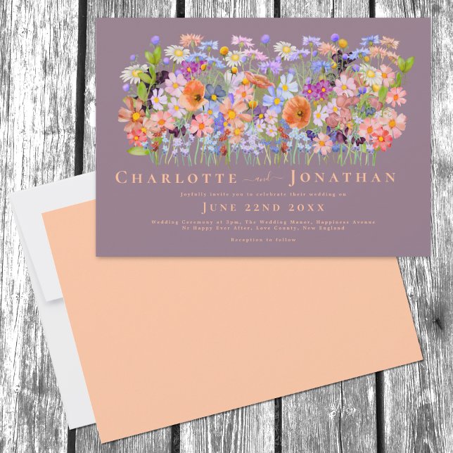 Farbenfrohe Wildblume Boho Chic Wedding Einladung (Colorful Wildflower Boho Chic peach Wedding invitation with elegant typography script)