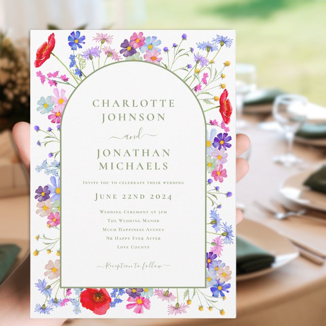 Farbenfrohe Wildblume Einladung (Colorful wildflower arch with elegant green typography script wedding invitation )