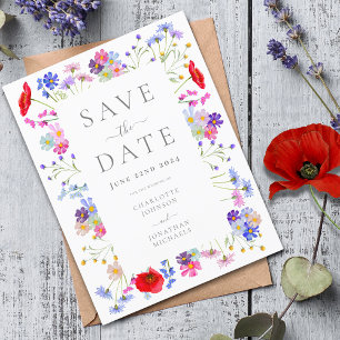 Farbenfrohe Wildblume Elegante Hochzeit Save the D Einladungspostkarte