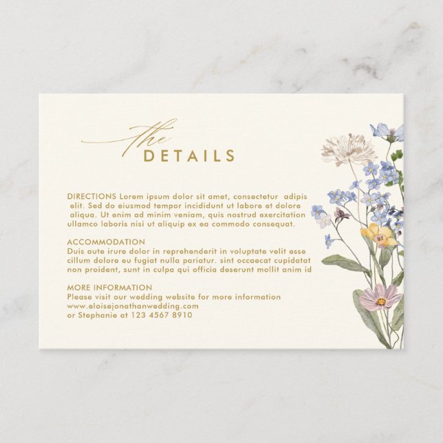 Farbenfrohe Wildblume Garden Gold Hochzeit Details Begleitkarte (Vorderseite)