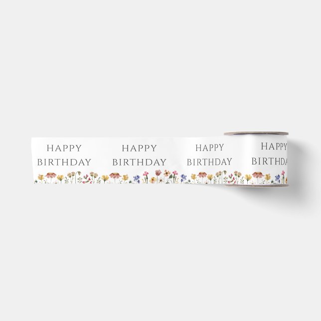 Farbenfrohe Wildblume Happy Birthday Satin Ribbon Satinband (Vorderseite)