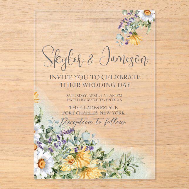 farbenfrohe Wildblume Hochzeit Acryleinladungen (Vorderseite)