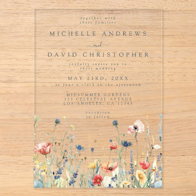 farbenfrohe Wildblume Hochzeit Acryleinladungen (Vorderseite)