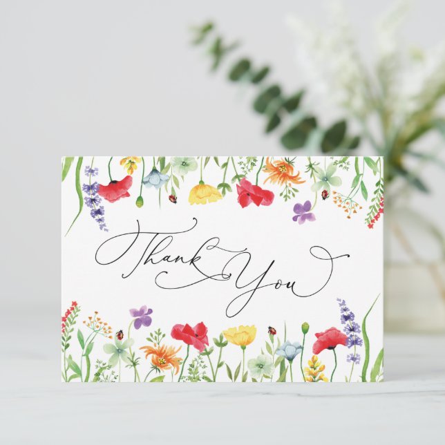 Farbenfrohe Wildblume Hochzeit Danke Karte (Stehend Vorderseite)