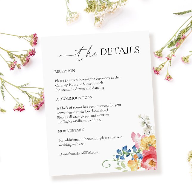 Farbenfrohe Wildblume Hochzeitsdetails Begleitkarte (Von Creator hochgeladen)