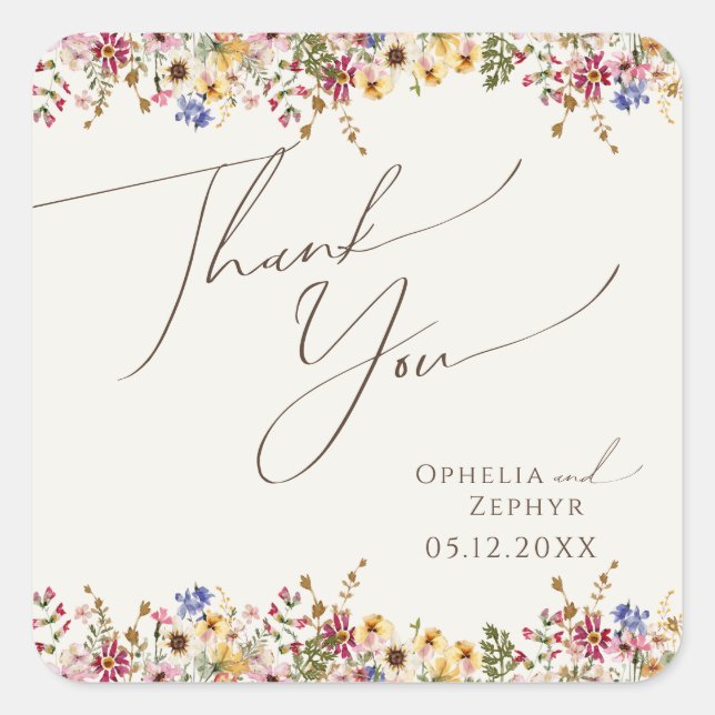 Farbenfrohe Wildblume Meadow Beige Hochzeit Vielen Quadratischer Aufkleber (Vorderseite)