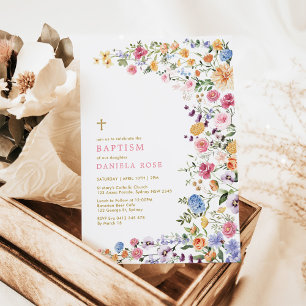 Farbenfrohe Wildblume Meadow Girl Baptisse Einladung