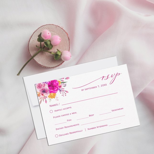 Farbenfrohe Wildblume RSVP Karte (watercolor flowers in shades of pink and white in rustic garden greenery. #rsvp #responsecards)