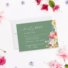 Farbenfrohe Wildblume Sage Green Wedding RSVP Karte