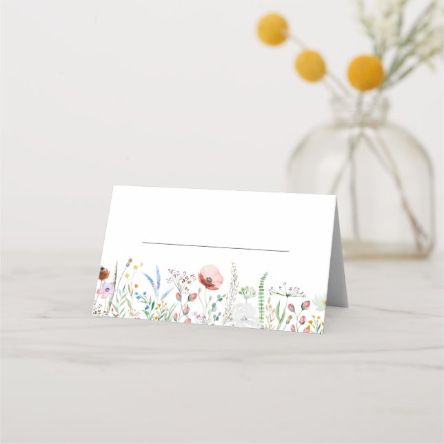 Farbenfrohe Wildblume Wiesen Hochzeit Platzkarte (Vorderseite)