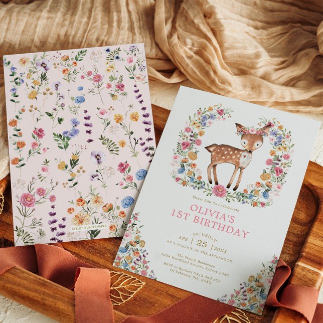 Farbenfrohe Wildblume Woodland Deer Girl Geburtsta Einladung (Von Creator hochgeladen)