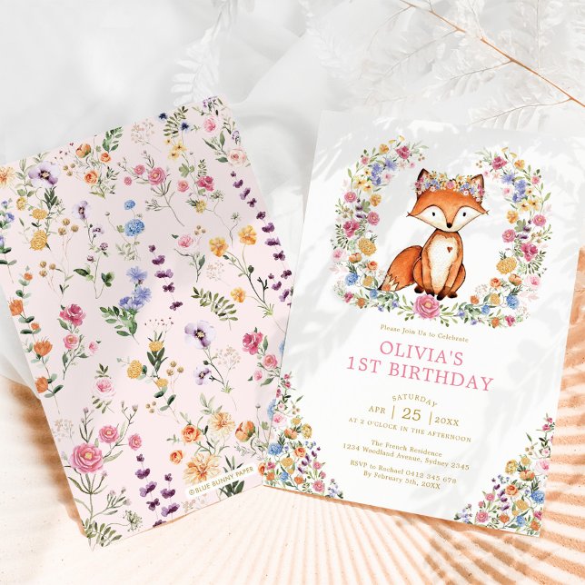 Farbenfrohe Wildblume Woodland Fox Girl Geburtstag Einladung (Von Creator hochgeladen)