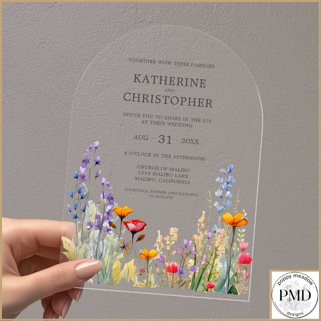Farbenfrohe Wildblumen Acryleinladungen (Colorful Wildflowers Wedding Arch Acrylic Invitation, Purple Orange Pink Watercolor, Gray Text.)