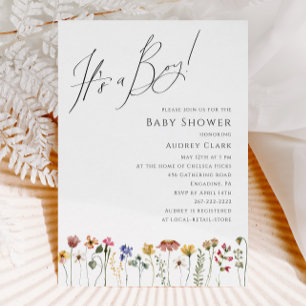 Farbenfrohe Wildblumen-Baby-Party Es ist ein Junge Einladung