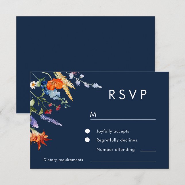 Farbenfrohe Wildblumen der Marine Hochzeit RSVP Karte (Vorne/Hinten)