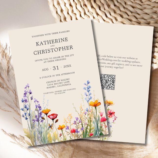 Farbenfrohe Wildblumen Elegante Beige Hochzeit Einladung (Colorful Watercolor Wildflowers Elegant Wedding Invitation with purple, orange, red flowers, QR code)