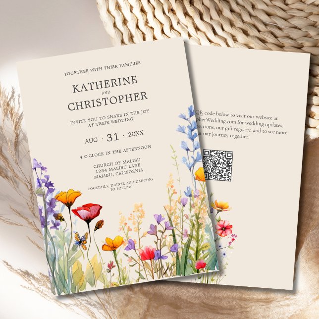 Farbenfrohe Wildblumen Elegante Beige Hochzeit Einladung (Colorful Wildflowers Elegant Beige Wedding Invitation with purple, orange, red, butterfly, QR code.)