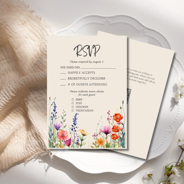 Farbenfrohe Wildblumen Elegante Beige Hochzeit RSVP Karte (Colorful Wildflower RSVP Card  with Menu Selections, QR Code, Purple, Orange, Red Jewel Tone Flowers)