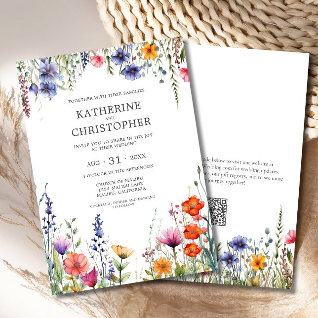 Farbenfrohe Wildblumen Elegante Hochzeit Einladung (Colorful Wildflowers Elegant Wedding Invitation with Orange, Pink, Blue, Red Watercolor Flowers, QR)