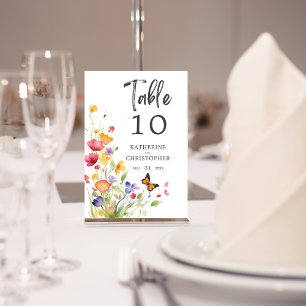 Farbenfrohe Wildblumen Elegante Hochzeit Tischnummer