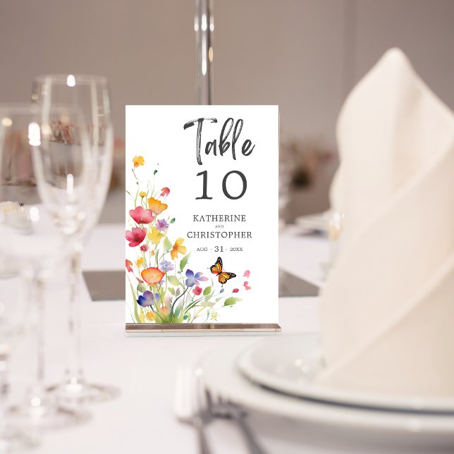 Farbenfrohe Wildblumen Elegante Hochzeit Tischnummer (Colorful Wildflowers Elegant Wedding Table Number 3.5x5, with Couple's Names, Date.)