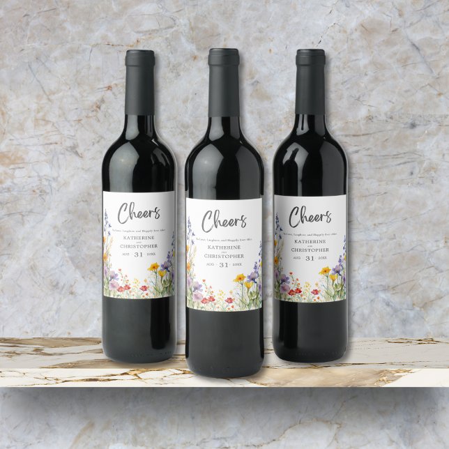 Farbenfrohe Wildblumen jubeln Elegante Hochzeit Weinetikett (Cheers Colorful Wildflowers Elegant Wedding Wine Label with Couple's Names, Date.)