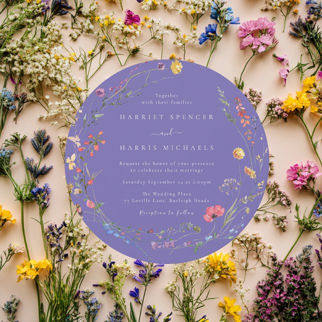 Farbenfrohe Wildblumen Lila Rundlaufhochzeit Einladung (Von Creator hochgeladen)