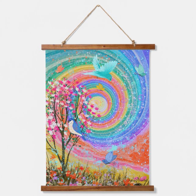 Farbenfrohe Wildblumen mit Regenbogen Wandteppich Mit Holzrahmen (Vorderseite)