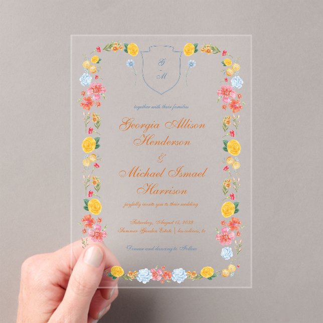 Farbenfrohe Wildblumen Wappen Monogram Summer Wedd Acryleinladungen (Insitu (Handheld))