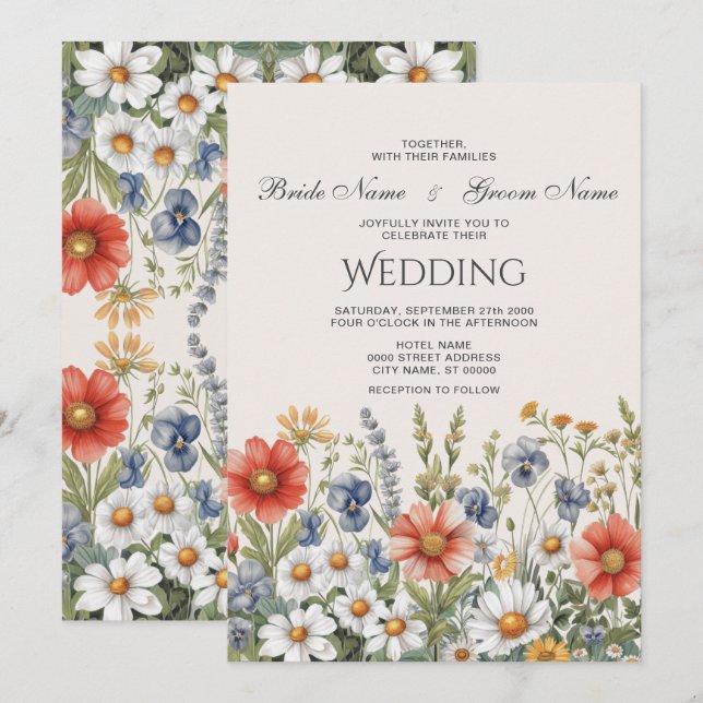 Farbenfrohe Wildblumen zum Hochzeitsempfang Einladung (Vorne/Hinten)