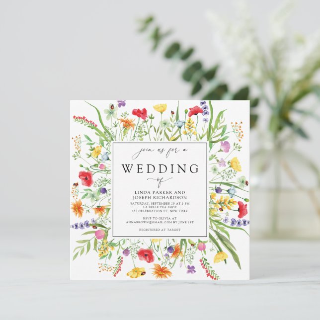 Farbenfrohe Wildblumen zum Hochzeitsempfang Einladung (Stehend Vorderseite)
