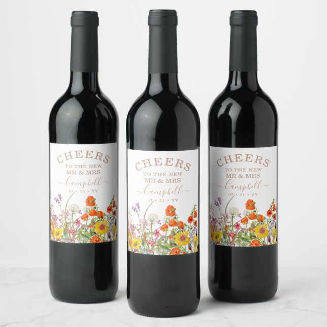 Farbenfrohe wilde Blume Land Hochzeit Cheers Weinetikett (Flaschen)