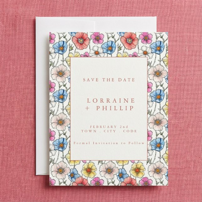 Farbenfrohe wilde Blume nahtlose Muster Hochzeit Save The Date (Colourful wild flowers seamless pattern wedding save the date.)