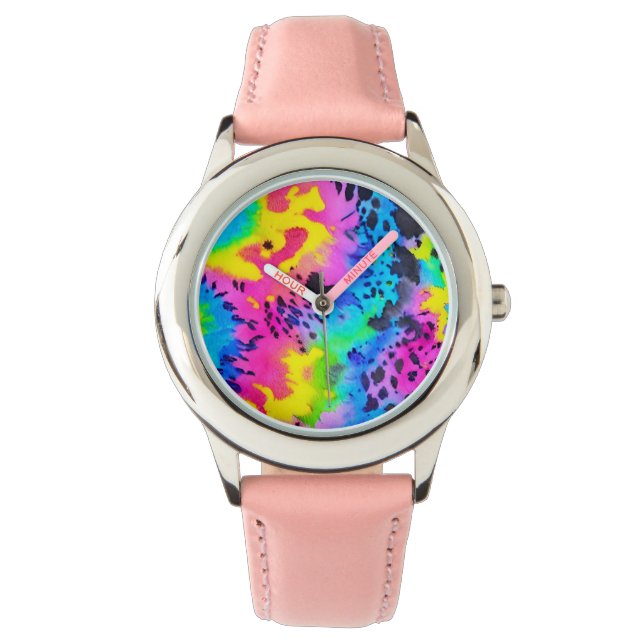Farbenfrohe wilde Cheetah Tye Dye Muster Armbanduhr (Vorderseite)