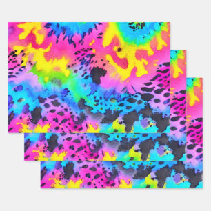Farbenfrohe wilde Cheetah Tye Dye Muster Geschenkpapier Set