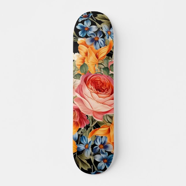 Farbenfrohe Wilde Rose Blumenmuster Skateboard (Vorne)