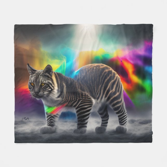 Farbenfrohe Wildkatze mit Regenbogenfarben, Katze Fleecedecke (Vorderseite (Horizontal))