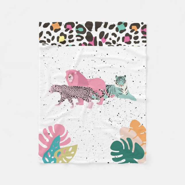 Farbenfrohe Wildtiere & tropische Blätter Fleecedecke (Vorderseite)