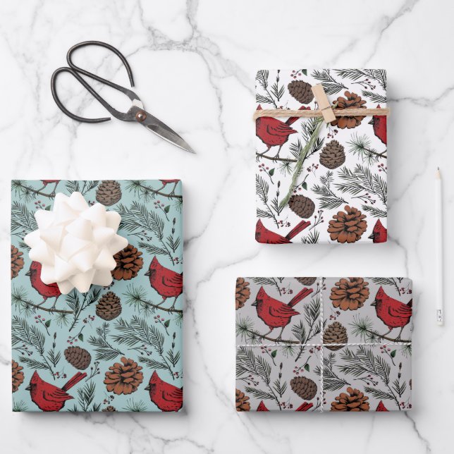 Farbenfrohe Winter Roter Kardinal & Pine Cones Geschenkpapier Set (Vorderseite)