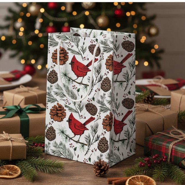 Farbenfrohe Winter Roter Kardinal & Pine Cones Kleine Geschenktüte (Elegant Winter Red Cardinal Bird, Pine, Pinecones, Xmas Red Berries Rustic Christmas White Pattern)