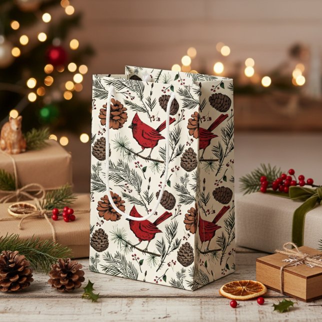 Farbenfrohe Winter Roter Kardinal & Pine Cones Kleine Geschenktüte (Winter Cardinals Xmas Gift Bags. Red Cardinal Bird, Pinecone & Berries Pattern Christmas Gift Wrap)