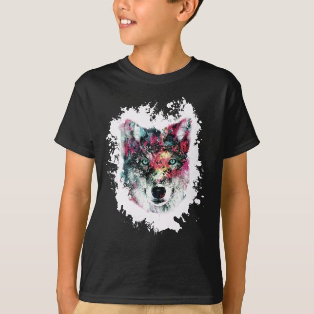 Farbenfrohe Wolf Art T-Shirt (Vorderseite)