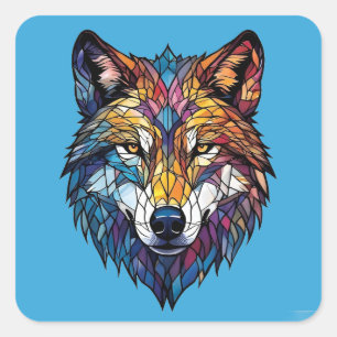 Farbenfrohe Wolf-Silhouette aus Mosaikglas Quadratischer Aufkleber