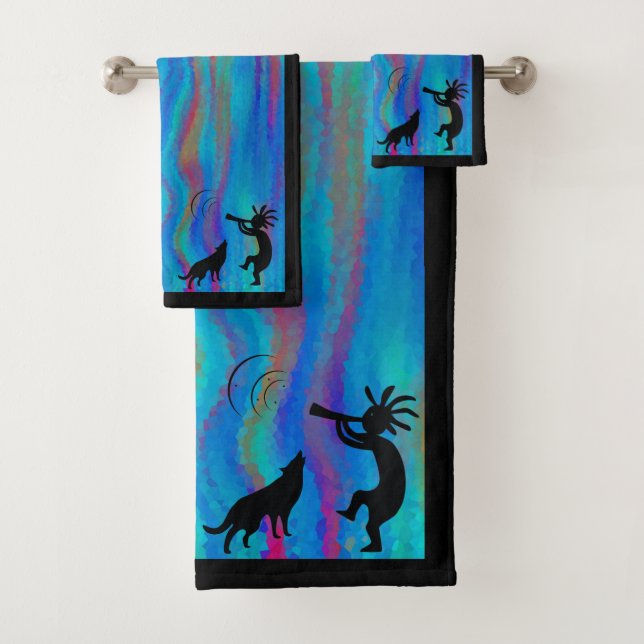 Farbenfrohe Wolf und Kokopelli Badhandtuch Set (Insitu)