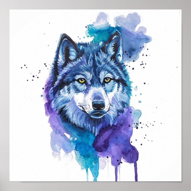 Farbenfrohe Wolf Wasserfarben Kunst, Geist und Nat Poster (Vorne)