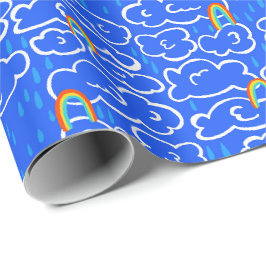 Farbenfrohe Wolken Regen Regenbogen Blaues Muster Geschenkpapier