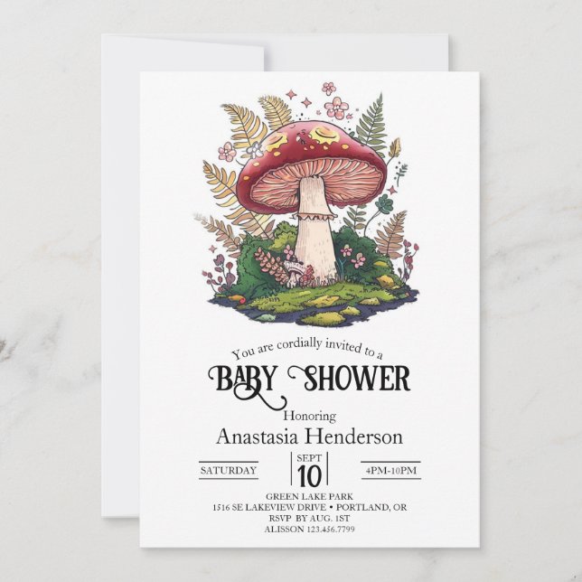 Farbenfrohe Woodland Mushroom Kinderdusche Einladung (Vorderseite)