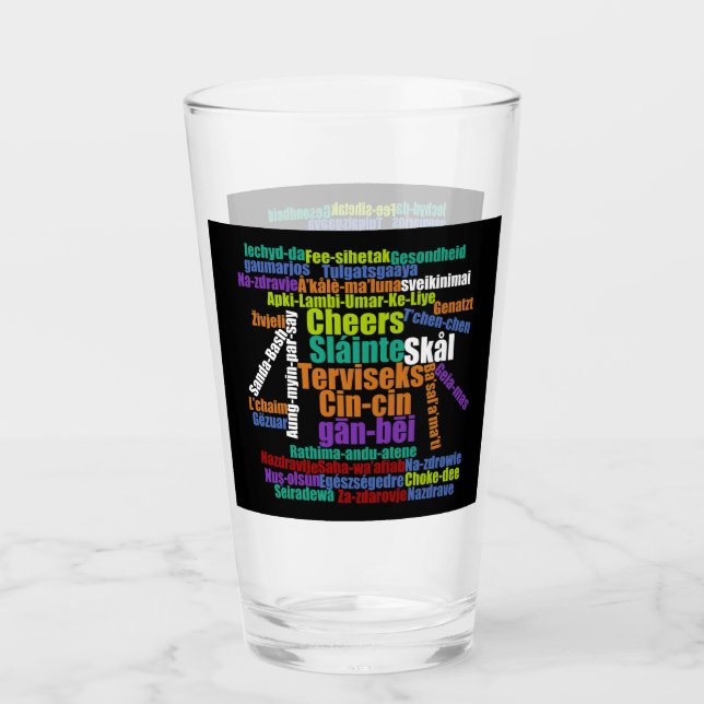 Farbenfrohe Wortkunst jubelt in vielen Sprachen Glas (Vorderseite)